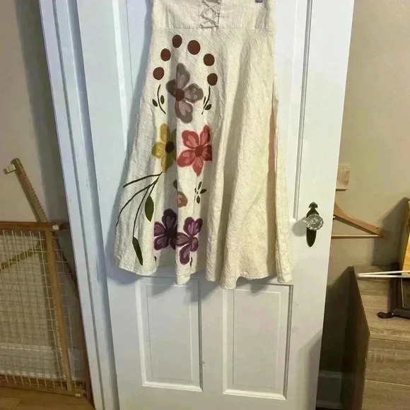 Floral Linen Skirt Scrunch Waist With Tie - Picture 1 of 6